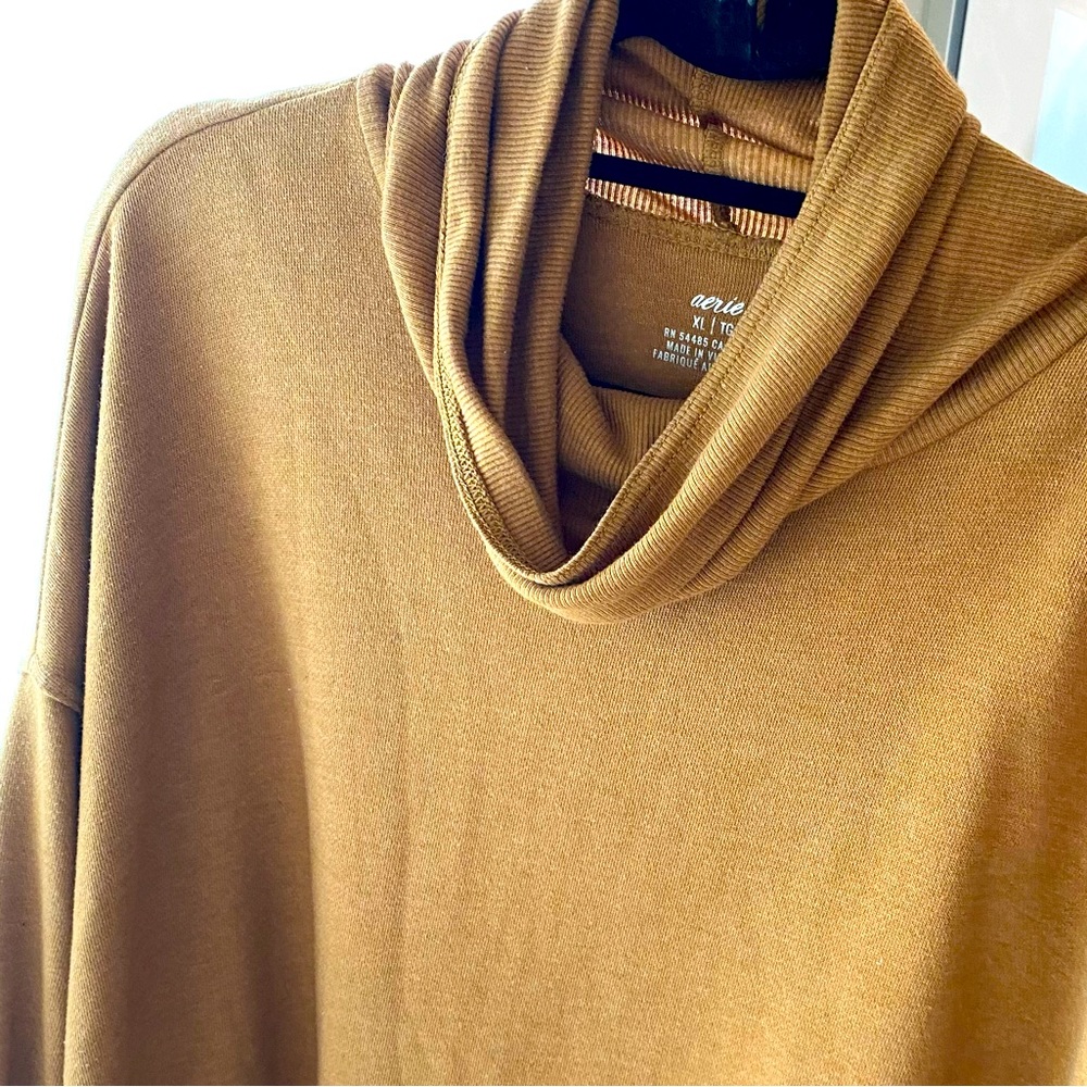 Aerie Golden Mustard Cowl Neck Long Sleeve Light Sweater Raw Hem - Like New